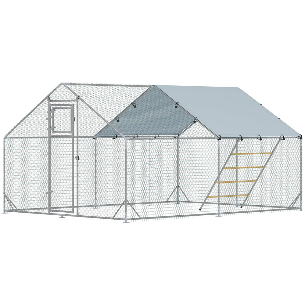 PawHut Walk In Chicken Run with Feeder - 12m² - Steel - Silver - New