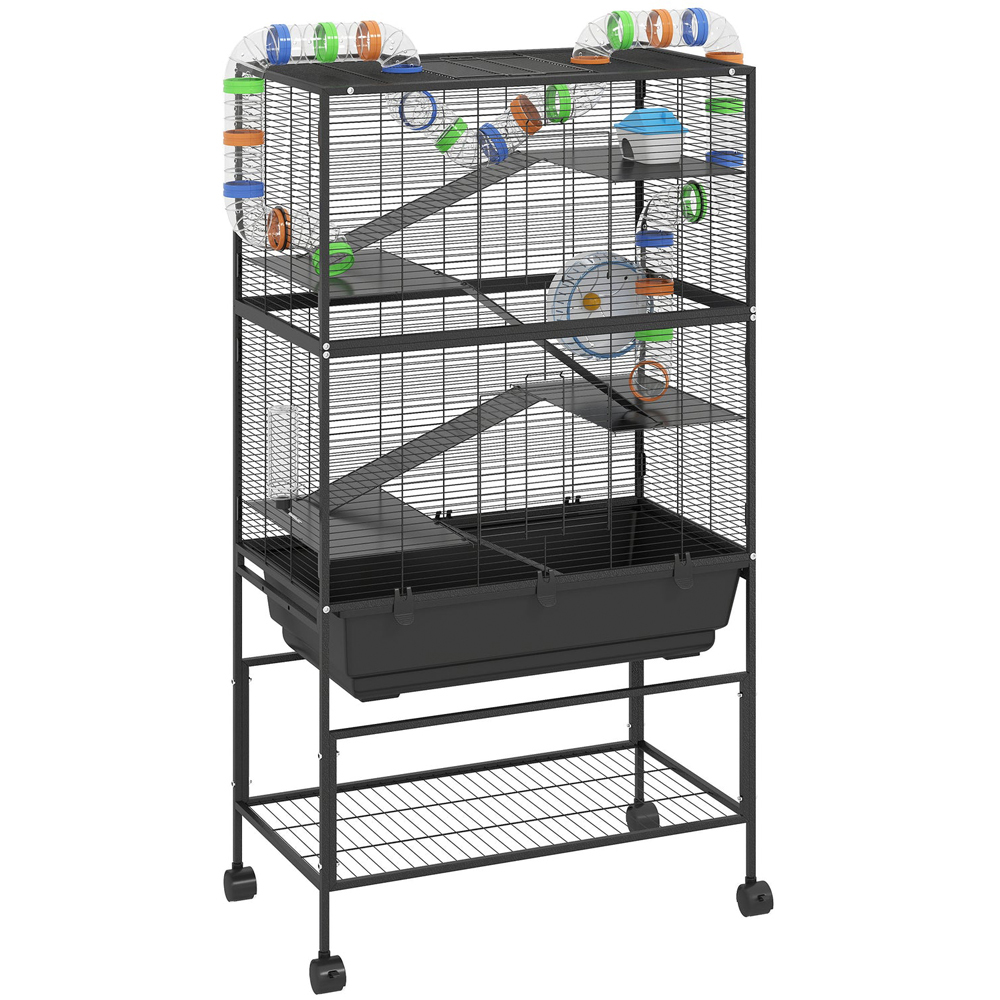 PawHut 5 Tier Hamster and Gerbil Cage - Black - with Storage and Wheels