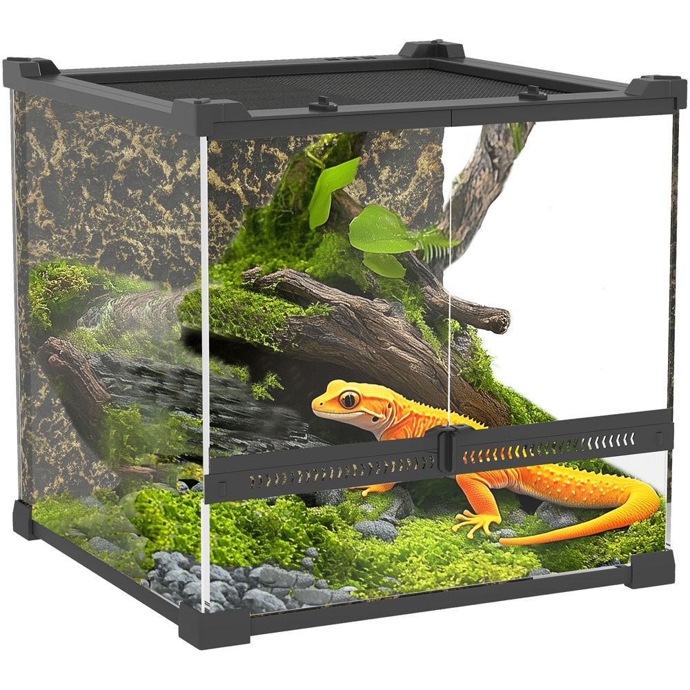 PawHut Black Glass Terrarium with Stone Background - Large Size
