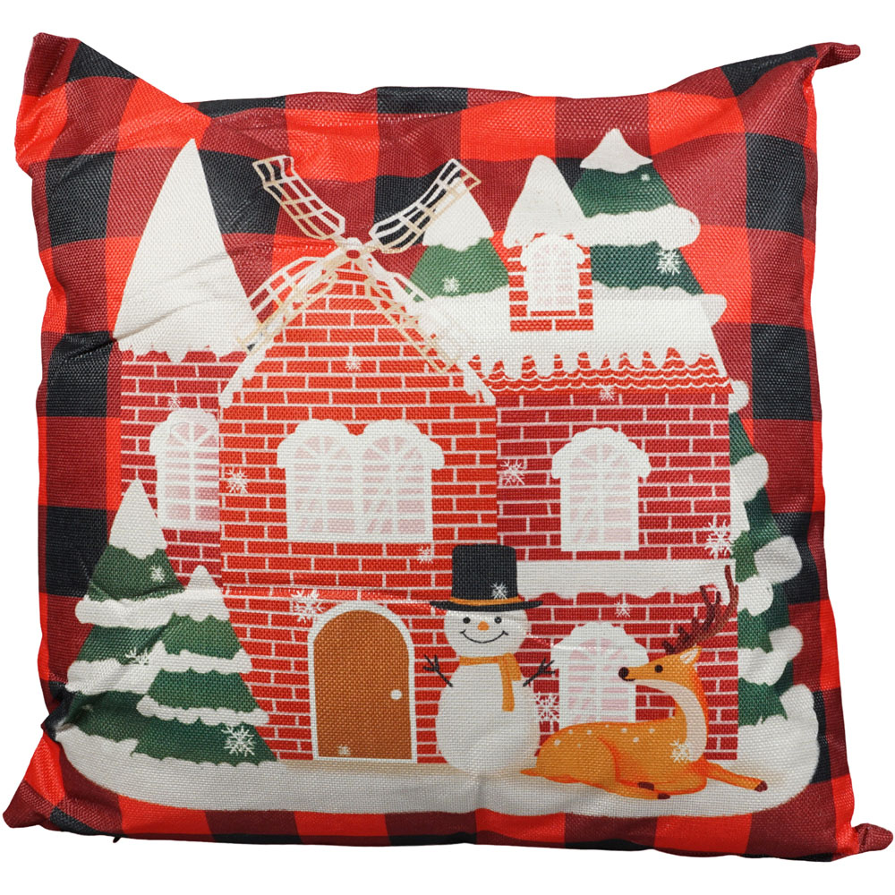 Xmas Haus Festive Black and Red Plaid House Christmas Cushion 45 x 45cm