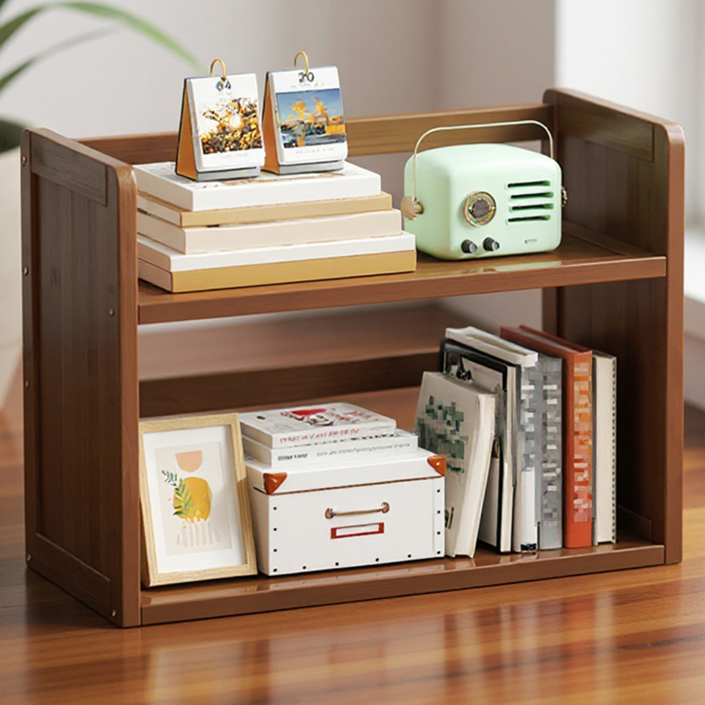 Living and Home 2 Shelf Brown Bamboo Desktop Bookshelf with Guardrail