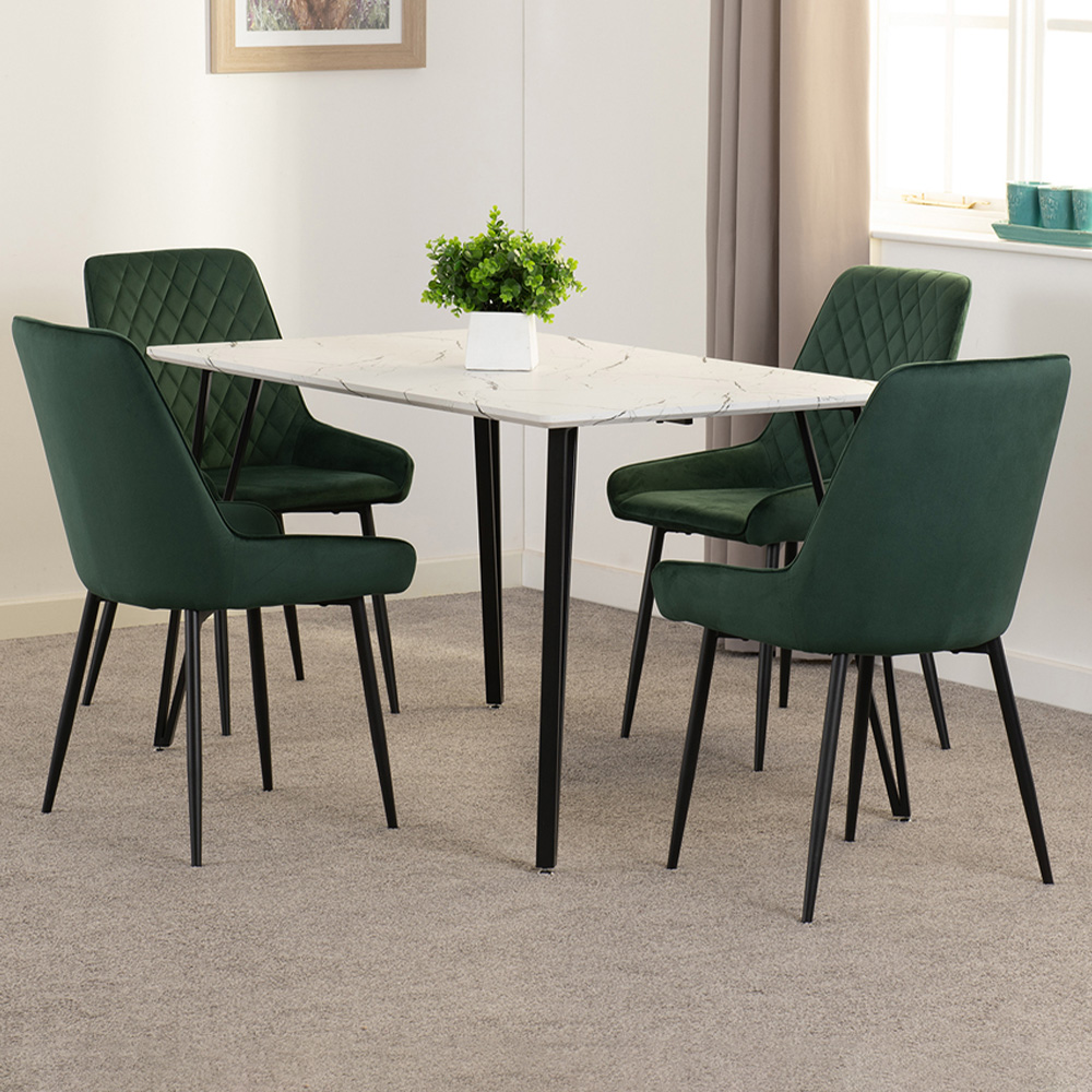 Seconique Marlow and Avery 4 Seater Dining Set White Marble and Emerald Green Velvet