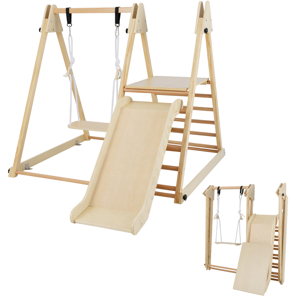 Costway 3-in-1 Kids Natural Foldable Indoor Jungle Gym with Swing