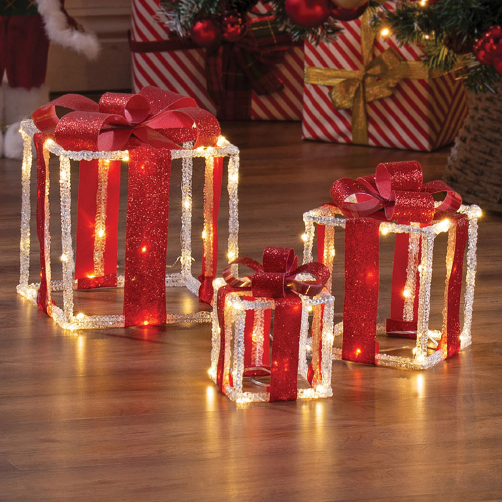 The Christmas Workshop 90 Warm White LED Acrylic Red Gift Box Decoration Set of 3