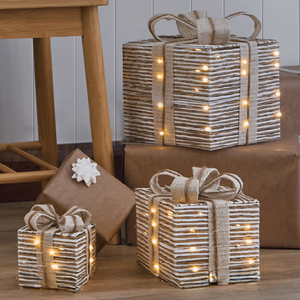 The Christmas Workshop 60 Warm White LED Natural Gift Box Decoration Set of 3