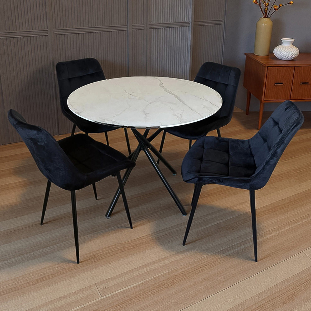 Indoor Living Erica Velvet Dining Table Set - 4 Seater - Black