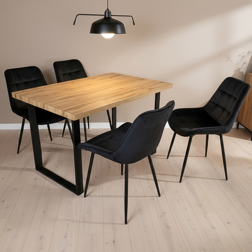 Indoor Living Colorado Oak & Black Erica Velvet 4 Seater Dining Table Set