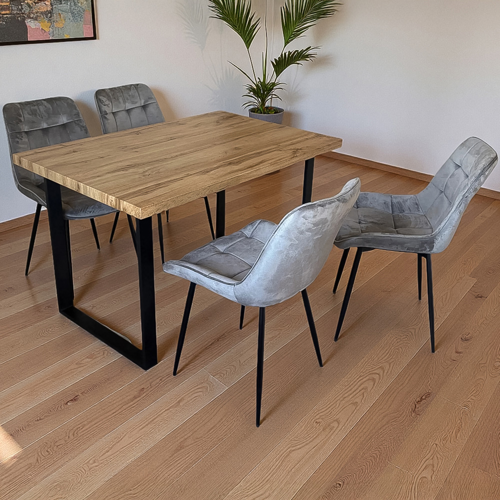 Indoor Living Colorado Oak & Grey Velvet 4 Seater Dining Table Set