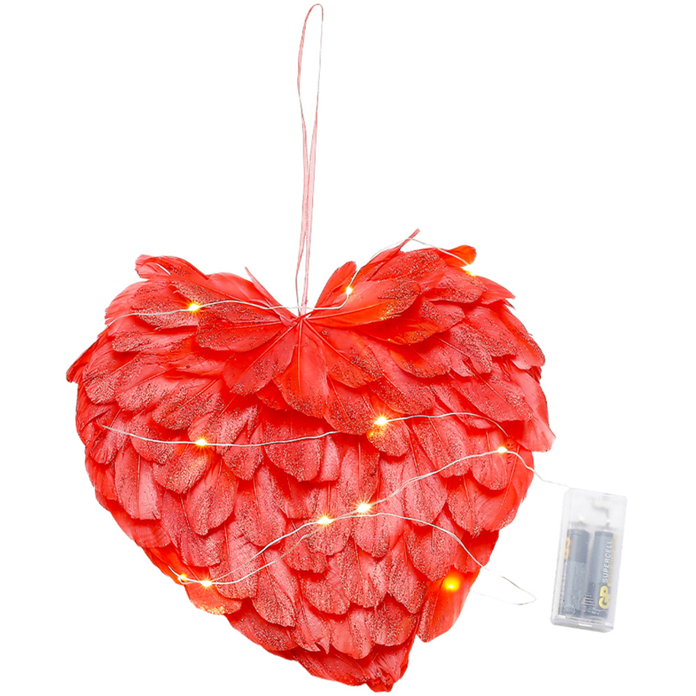 Living and Home Warm White LED Red Feather Heart Shaped Hanging Decoration 25cm