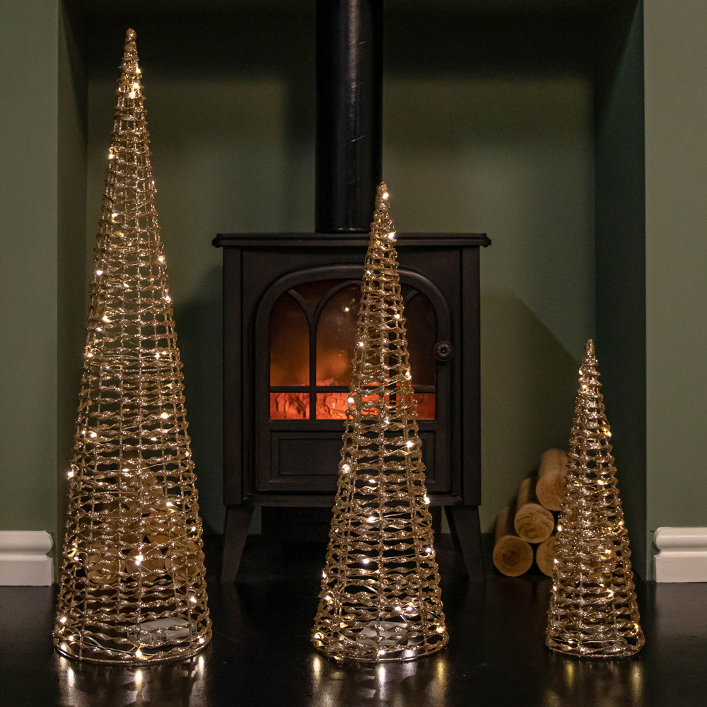 Samuel Alexander Gold Glitter Twist Warm White LED Christmas Cone Trees 3 Pack