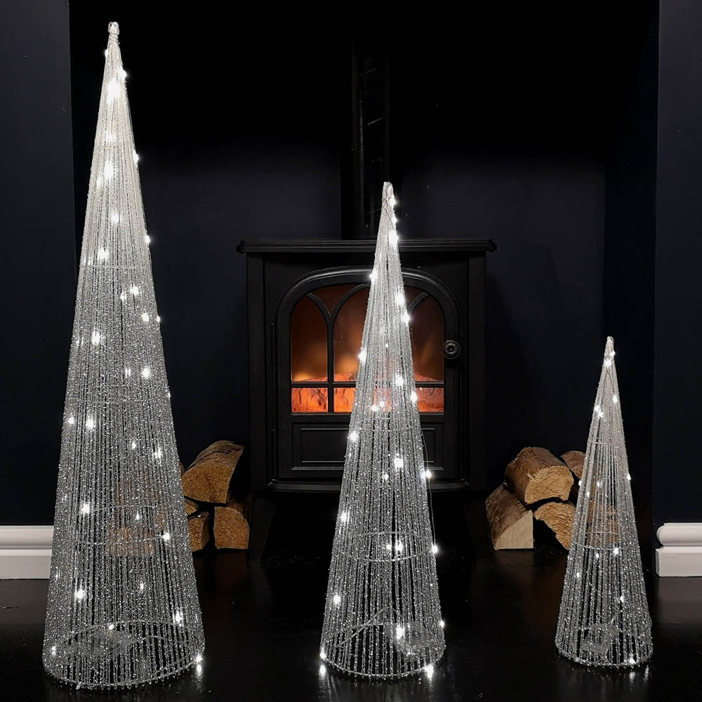 Samuel Alexander 3 Piece 90 Warm White LED Silver Tree Cone Obelisk Set