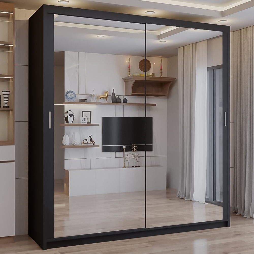 Sliding Wardrobes 4U 2 Sliding Door Black Full Length Mirrored Wardrobe 90cm