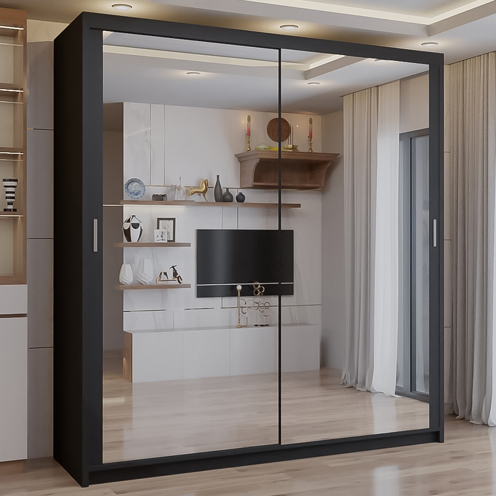 Sliding Wardrobes 4U 2 Sliding Door Black Full Length Mirrored Wardrobe 120cm