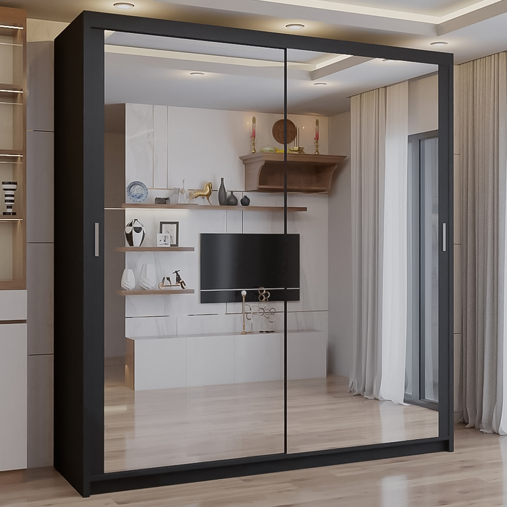 Sliding Wardrobes 4U 2 Sliding Door Black Full Length Mirrored Wardrobe 150cm
