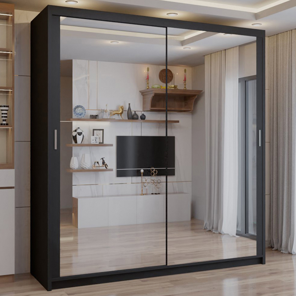 Sliding Wardrobes 4U 2 Sliding Door Black Full Length Mirrored Wardrobe 203cm