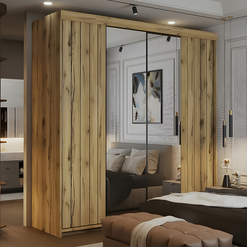 Sliding Wardrobes 4U 2 Sliding Door Oak Modern Black Trim Mirrored Wardrobe 150cm