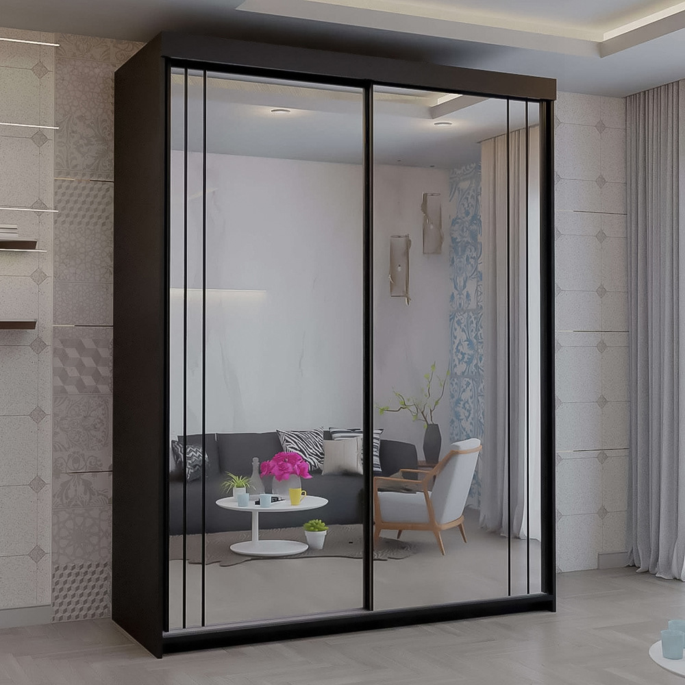 Sliding Wardrobes 4U Smart 2 Sliding Door Black Full Length Mirrored Wardrobe 150cm