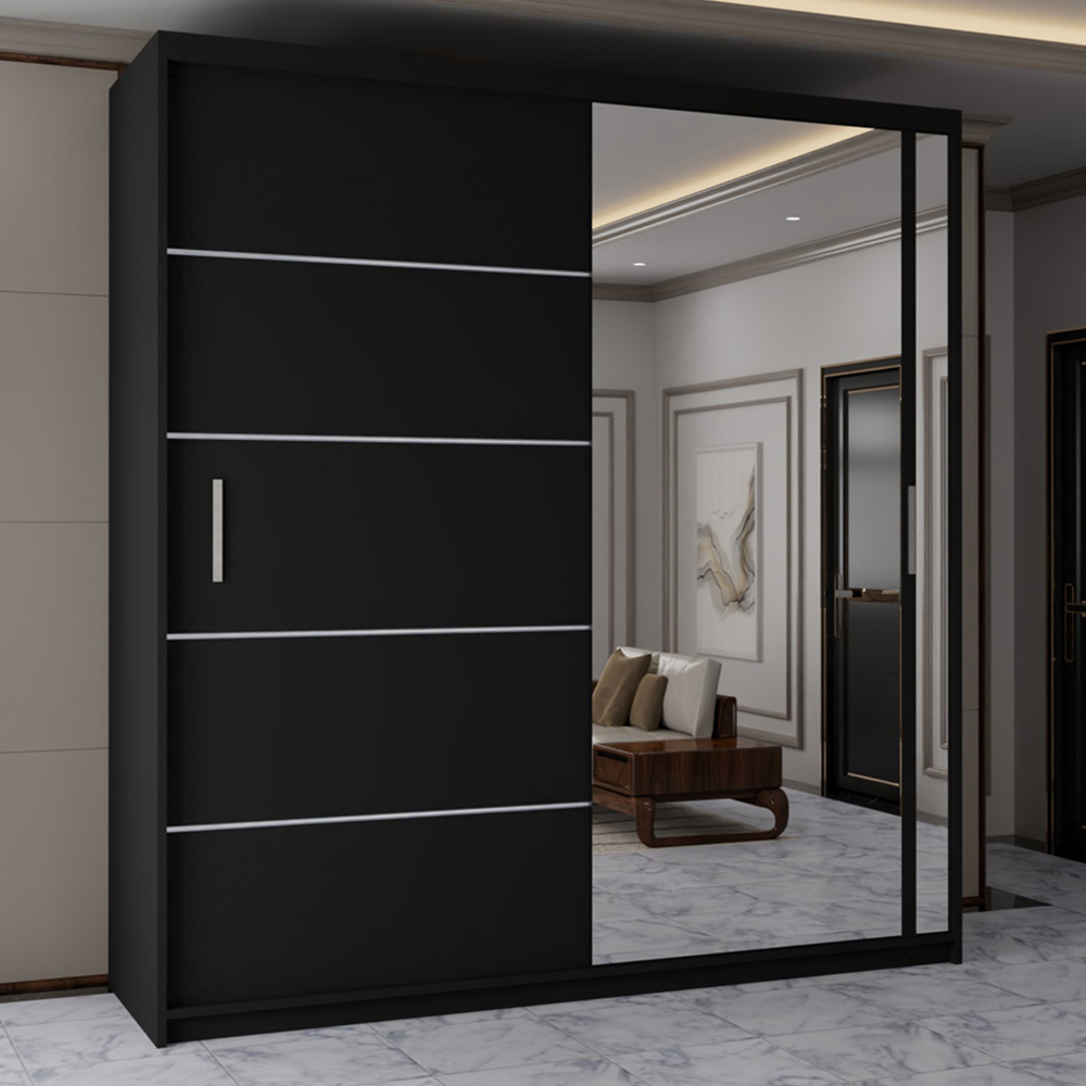 Sliding Wardrobes 4U 2 Sliding Door Black Modern Single Side Mirrored Wardrobe 150cm