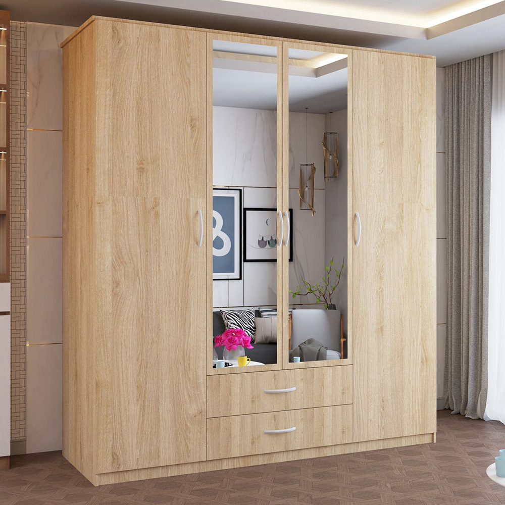 Sliding Wardrobes 4U Oak Hinged Wardrobe 4 Door 2 Drawer Central Mirrored Brown