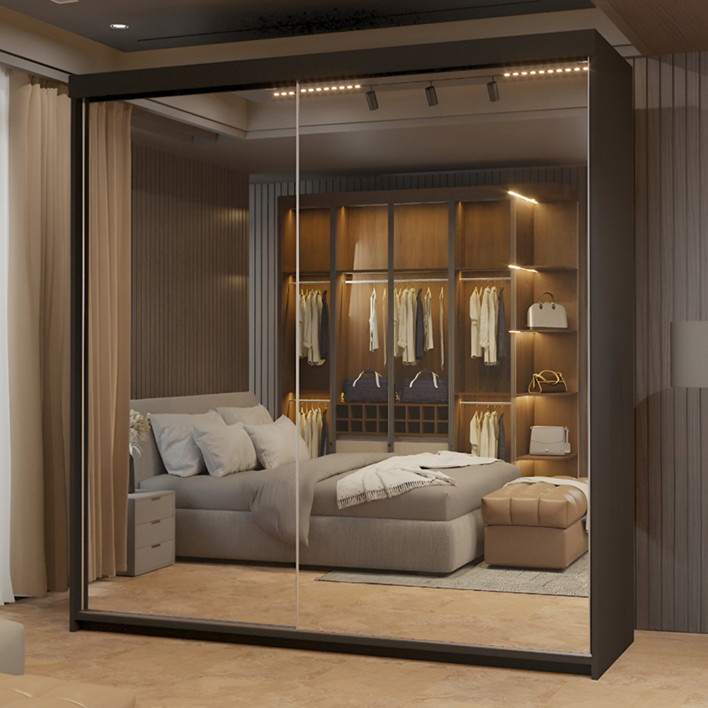 Sliding Wardrobes 4U Queen 2 Door Black Full Length Mirrored Sliding Wardrobe 150cm
