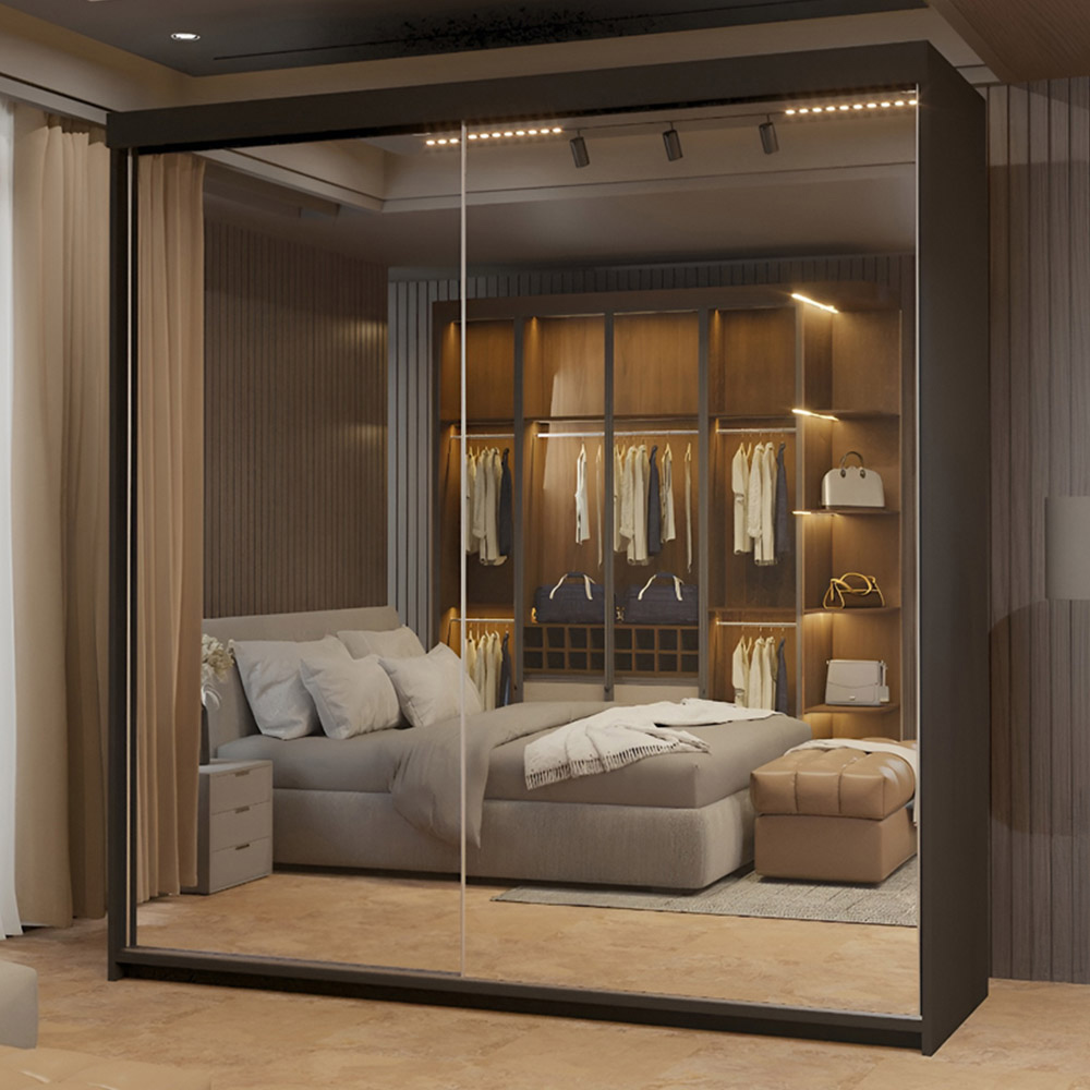 Sliding Wardrobes 4U Queen 2 Door Black Wide Full Length Mirrored Sliding Wardrobe 200cm
