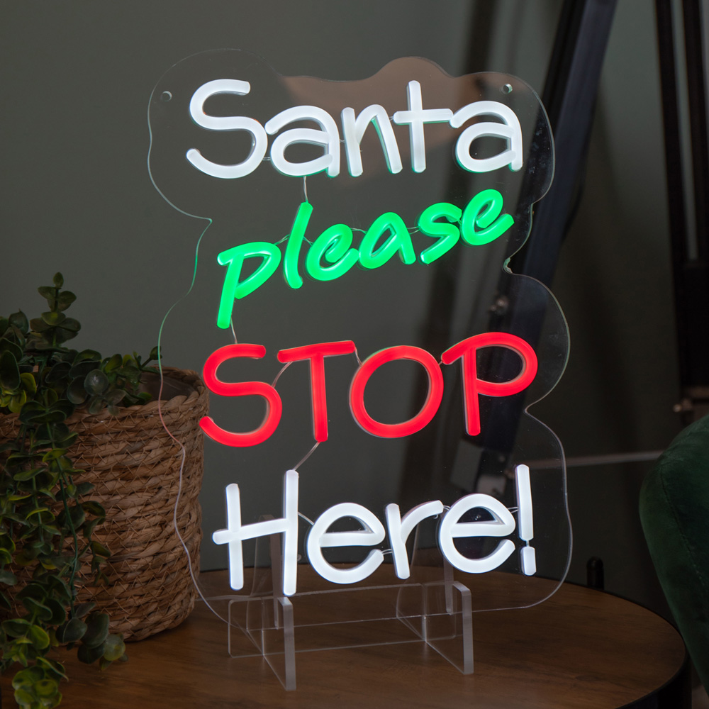 Samuel Alexander Red Green and White LED Santa Please Stop Here Neon Sign 35 x 26cm