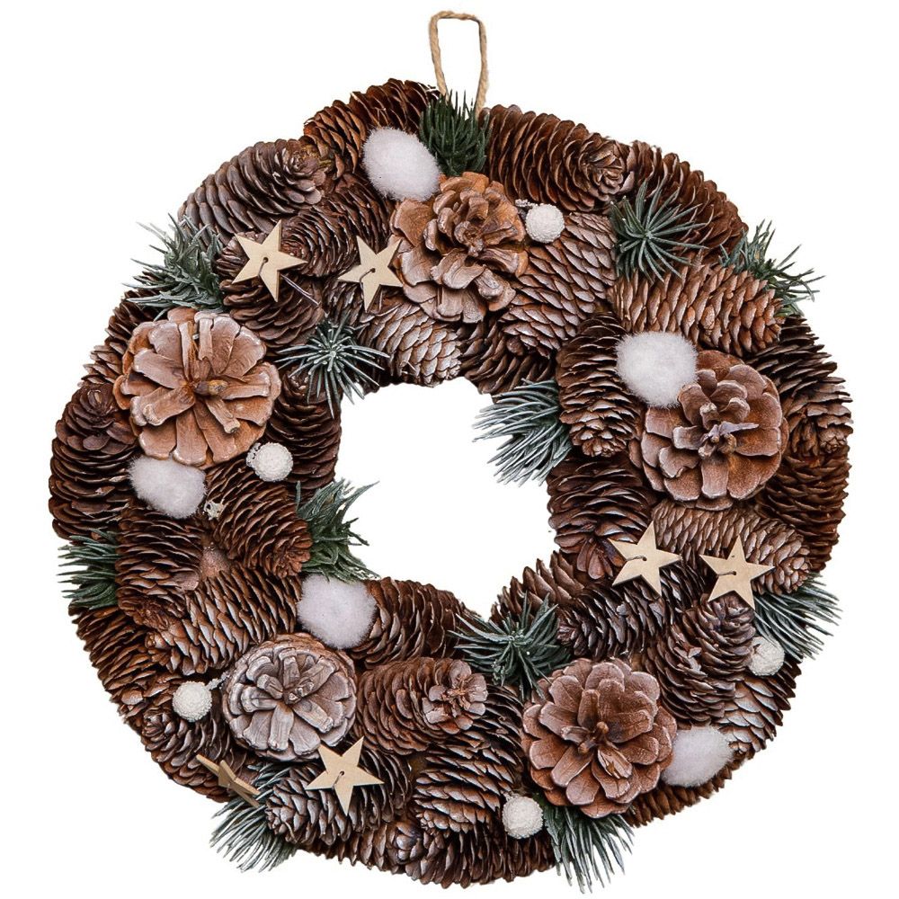 Samuel Alexander Frosted Wreath with Pine Cones and Wooden Stars 30cm