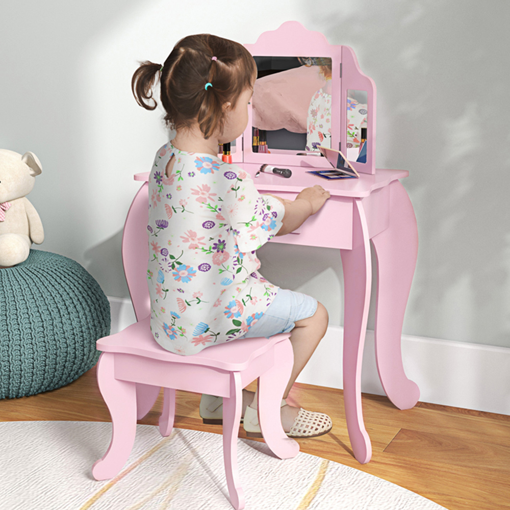 HOMCOM Single Drawer Pink Tri-Folding Mirror Makeup Dressing and Table Set
