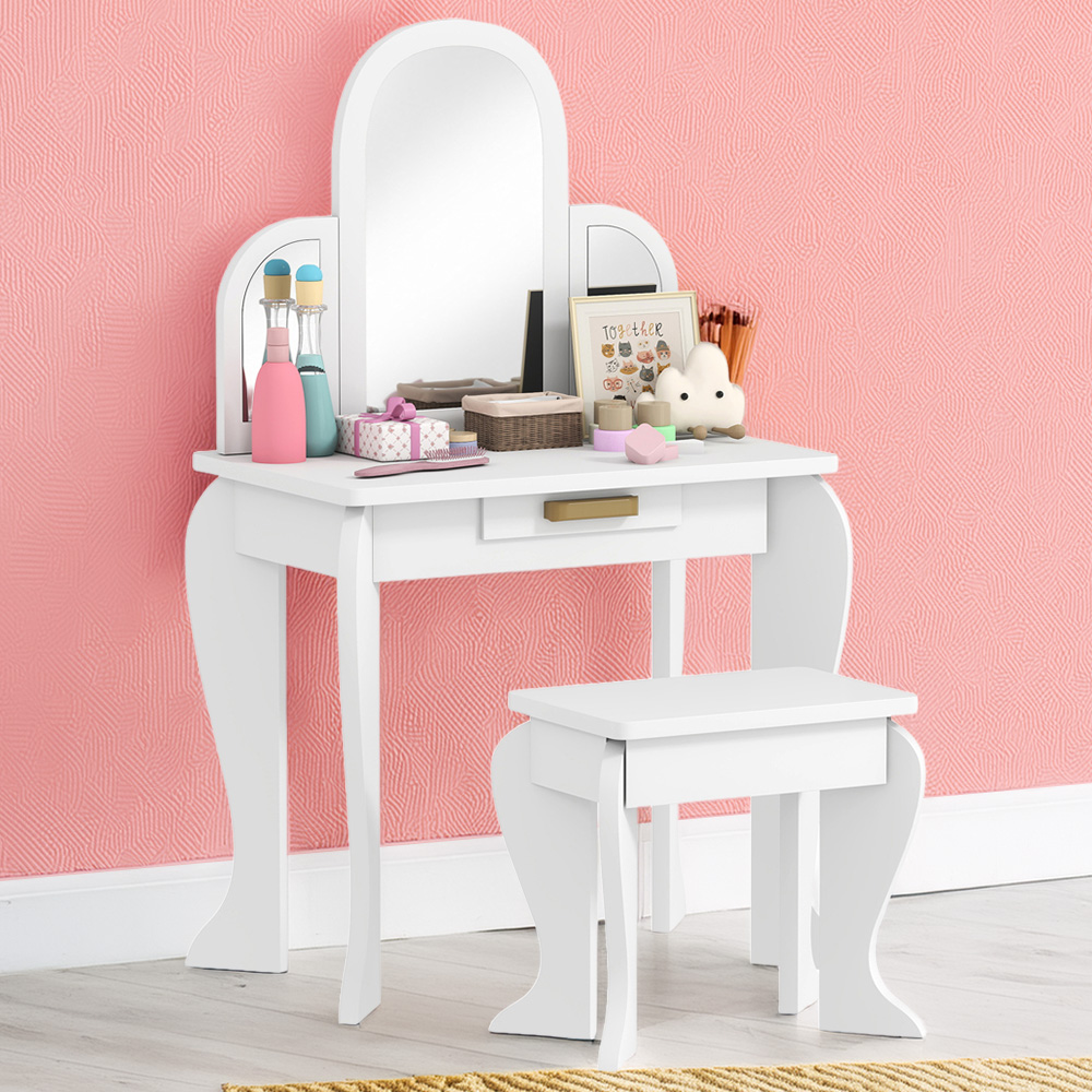 HOMCOM Single Drawer White Mirror Kids Dressing Table and Stool Set
