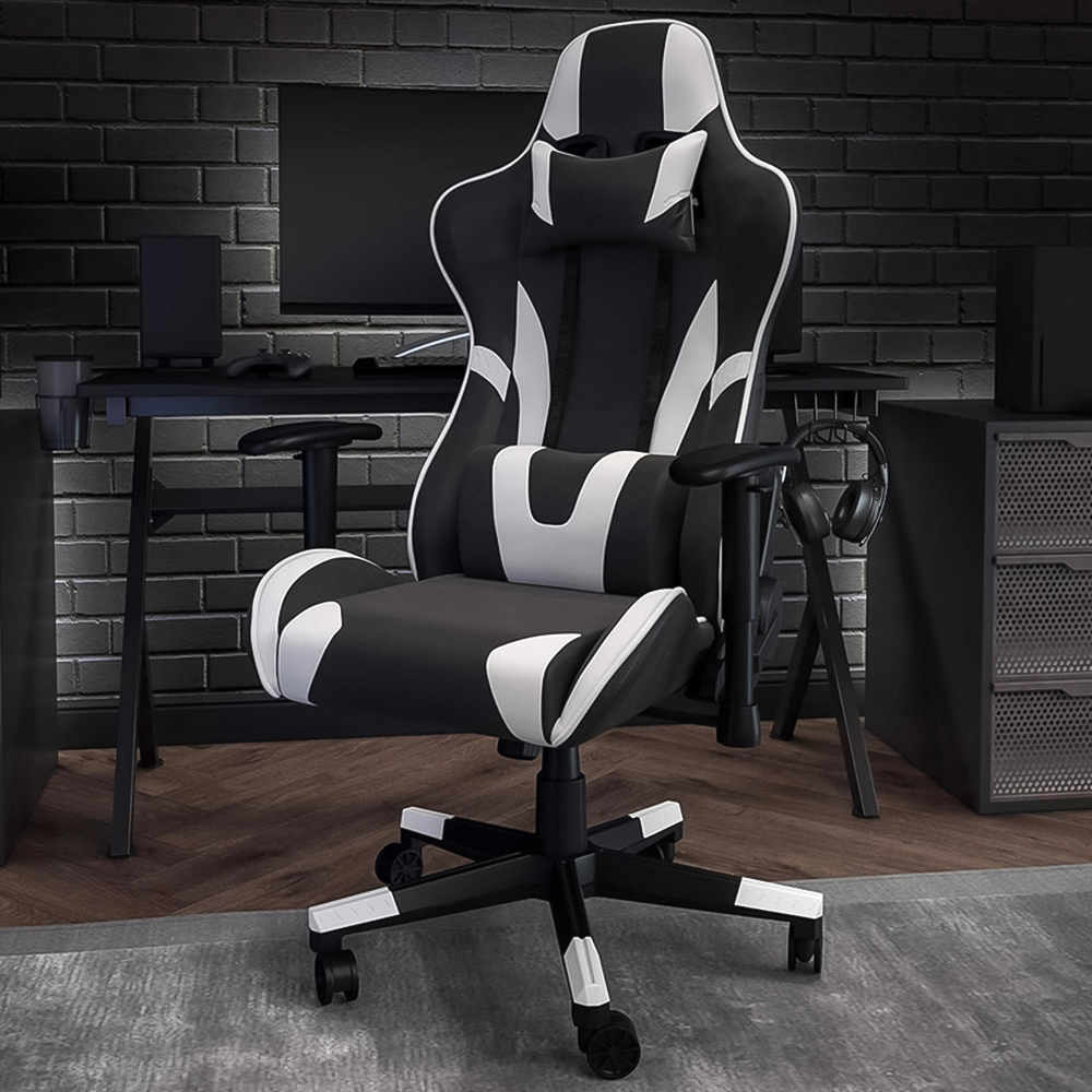 FWStyle X20 Black and White Faux Leather Racer Style Deluxe Gaming Chair