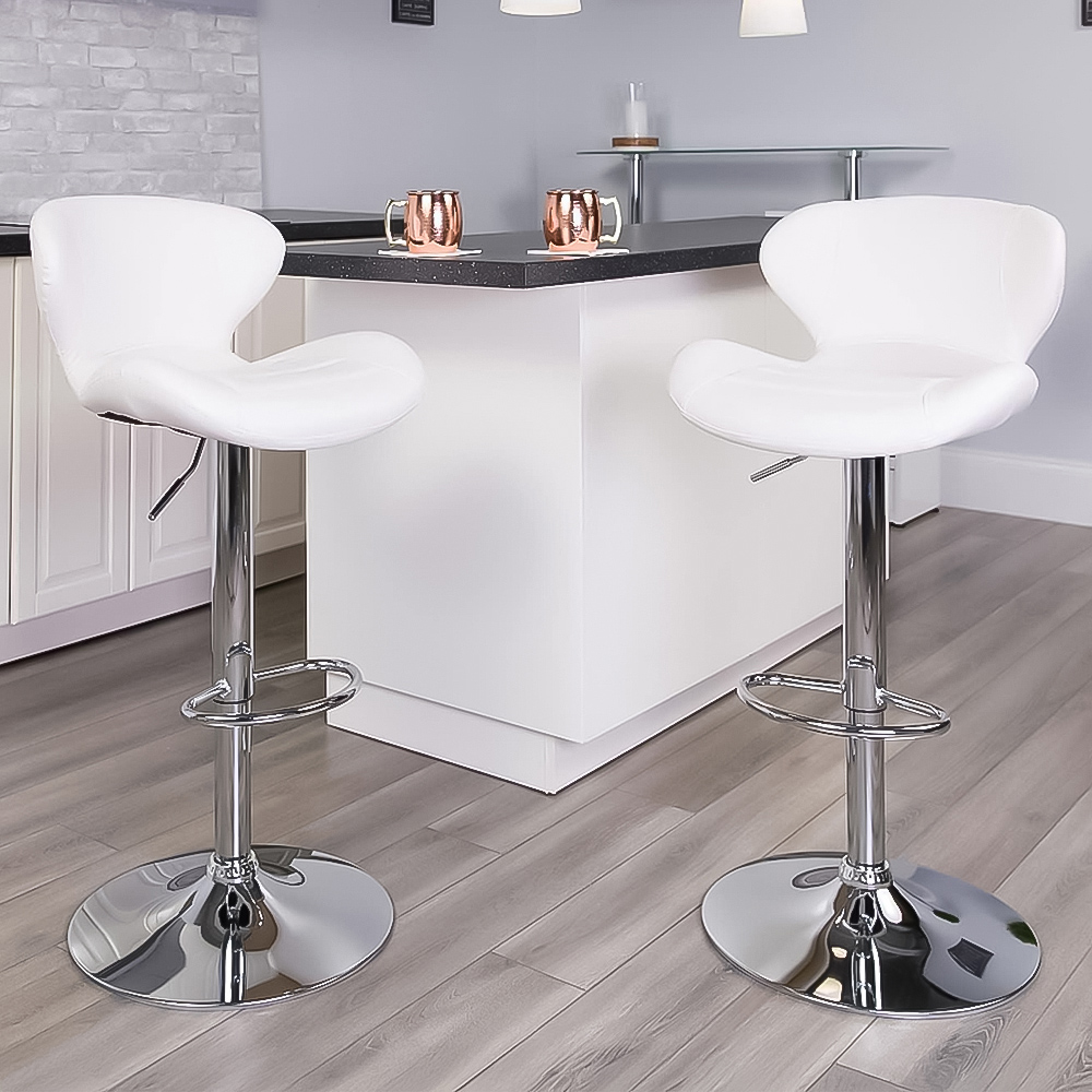 FWStyle White Faux Leather Curved Bar Stool Set of 2