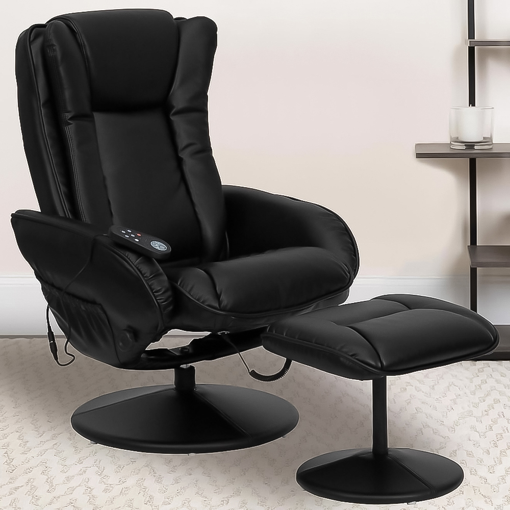 FWStyle Black Faux Leather Swivel Armchair with Footstool