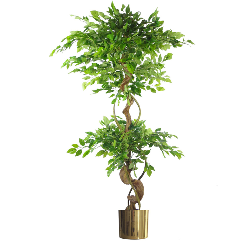 Botanik Artificial Fruticosa Ficus Tree 5ft Green Twisted Trunk Gold Metal Planter