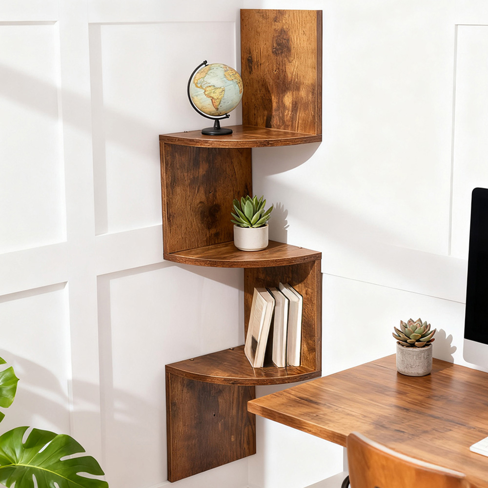 Living and Home 3 Shelf Dark Wood Wall Mounted Corner Shelf