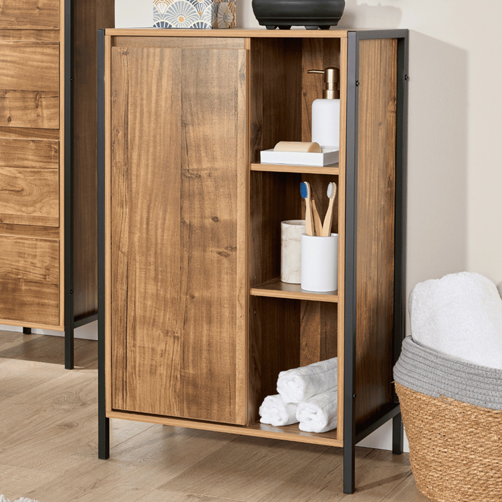 Home Source Locastra Single Door 3 Shelf Oak and Black Bathroom Floor Cabinet