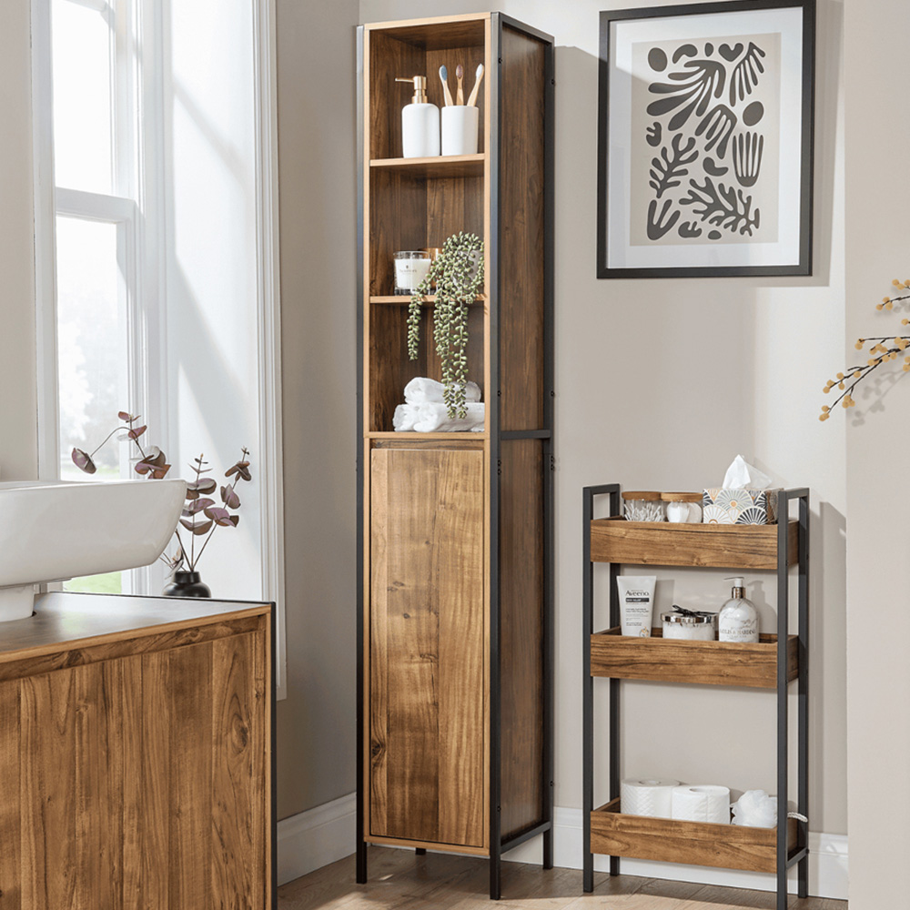Home Source Locastra Single Door 3 Shelf Oak and Black Tall Bathroom Cabinet