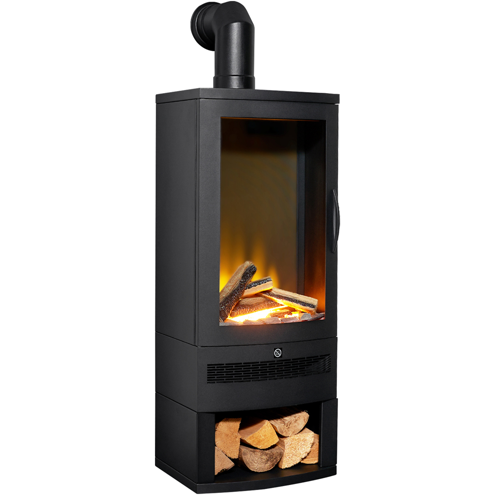 Acantha Horizon Electric Stove - Black - Log Storage - Angled Stove Pipe