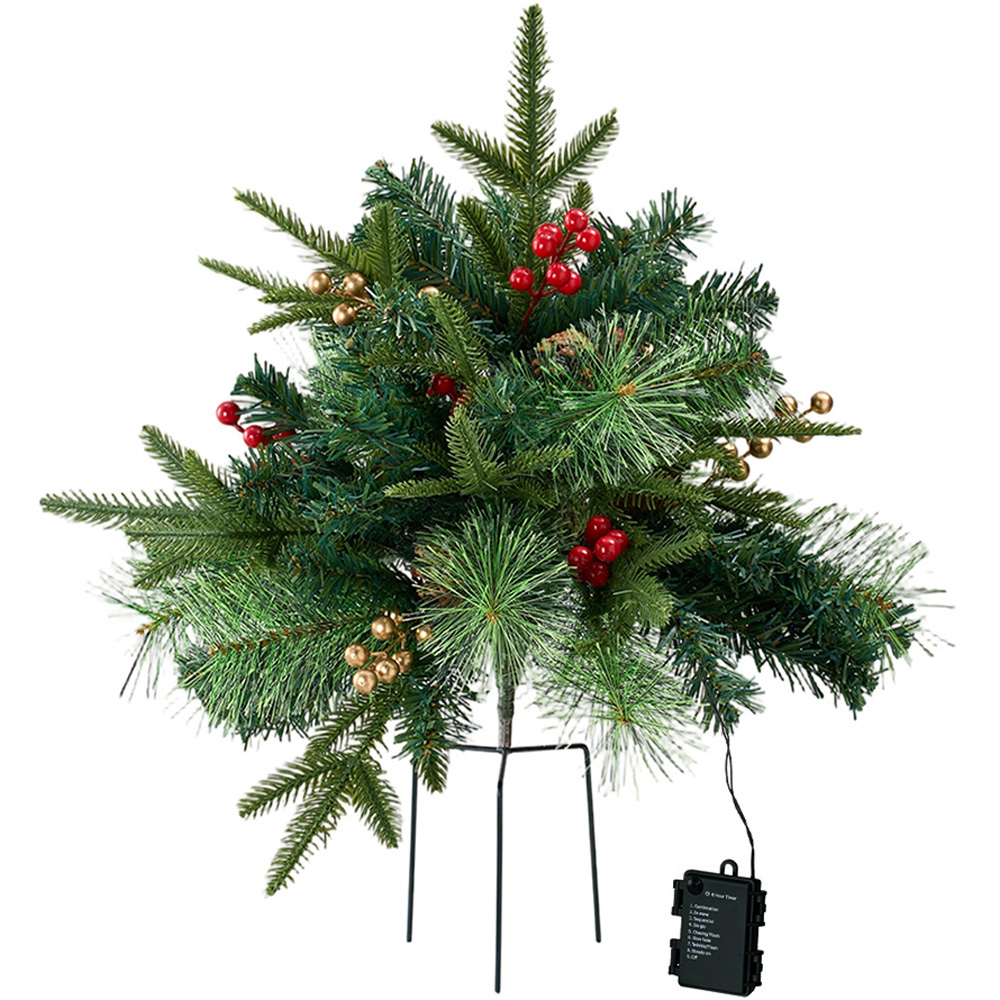 Living and Home Pre-Lit Artificial Christmas Tree Urn Filler with Berries 55cm 2 Pack