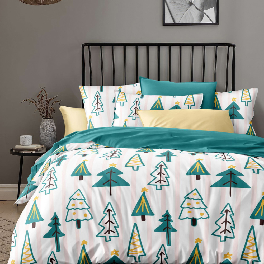 Groundlevel Double Christmas Tree Printed White Duvet Set