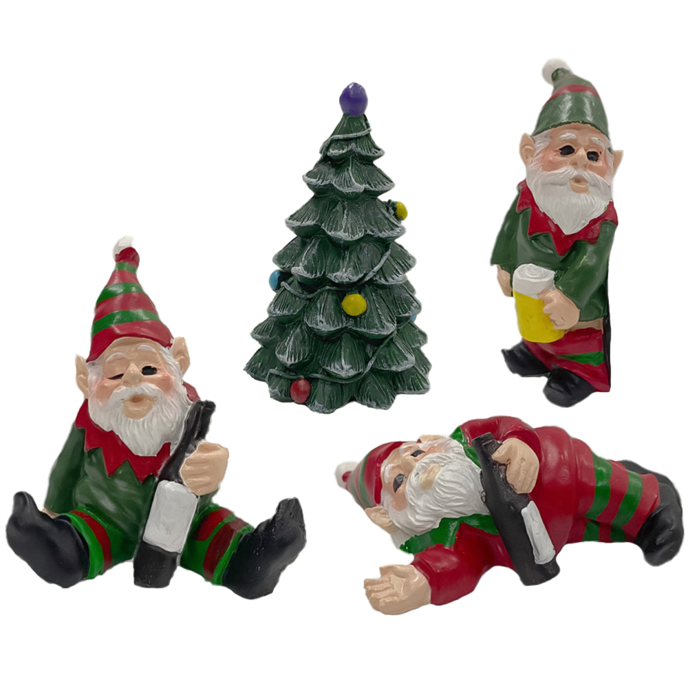 Groundlevel 4 Piece Naughty Drunken Elf Gnome and Christmas Tree Set