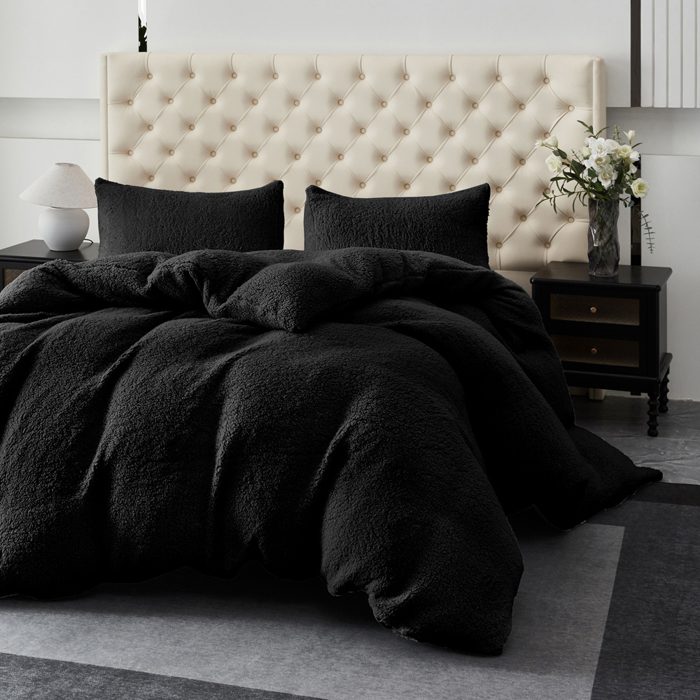 Groundlevel Double Winter Warm Black Soft Teddy Fleece Duvet Set