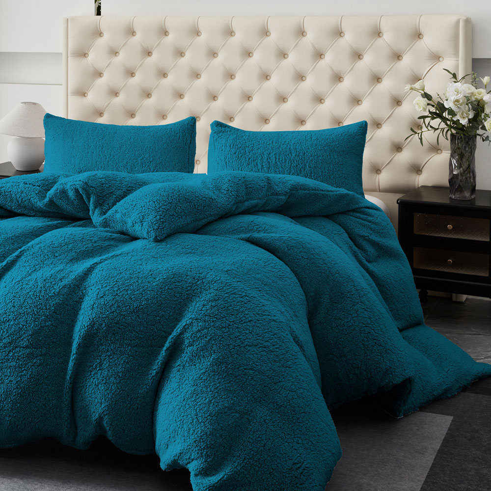Groundlevel Double Winter Warm Teal Soft Teddy Fleece Duvet Set