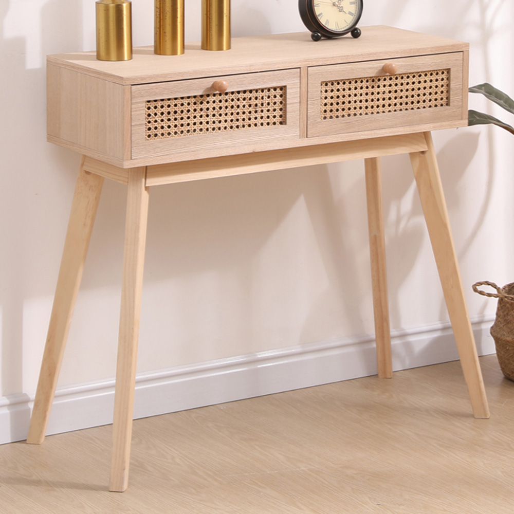 FurnitureHMD 2 Drawer Natural Rattan Weaving Console Table