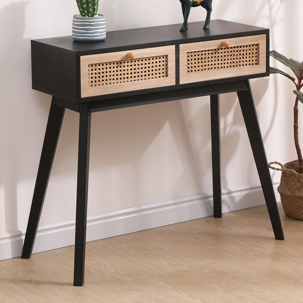 FurnitureHMD 2 Drawer Black Rattan Weaving Console Table
