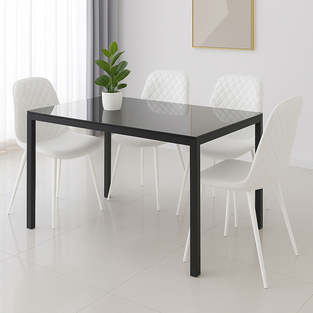 Kosy Koala 4 Seater Faux Leather Black Glass Dining Table Set White