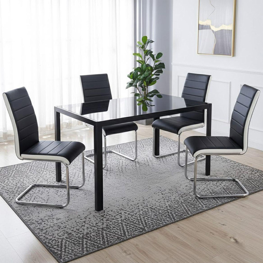 Kosy Koala 4 Seater Striped Faux Leather Glass Dining Set White and Black
