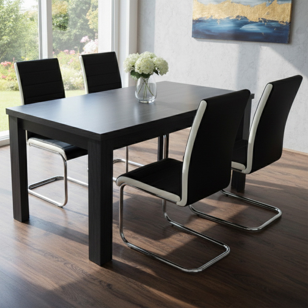Kosy Koala 4 Seater Striped Faux Leather Wooden Dining Set White and Black