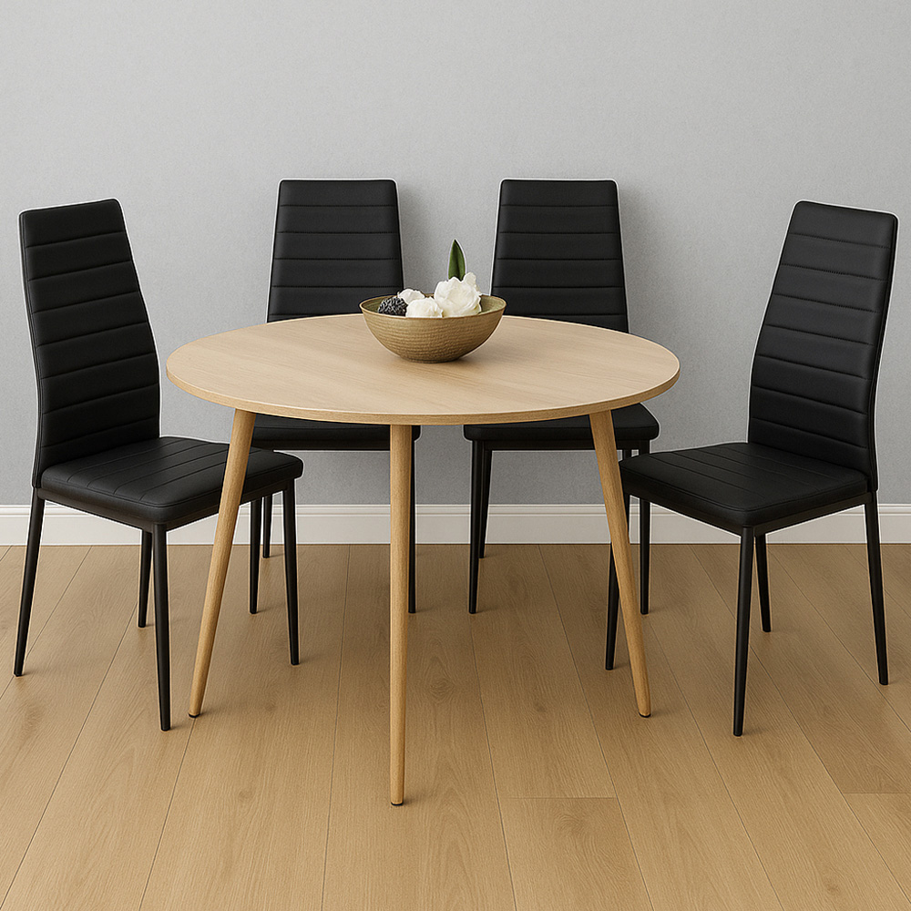 Kosy Koala 4 Seater Round Faux Leather Wooden Dining Set Black