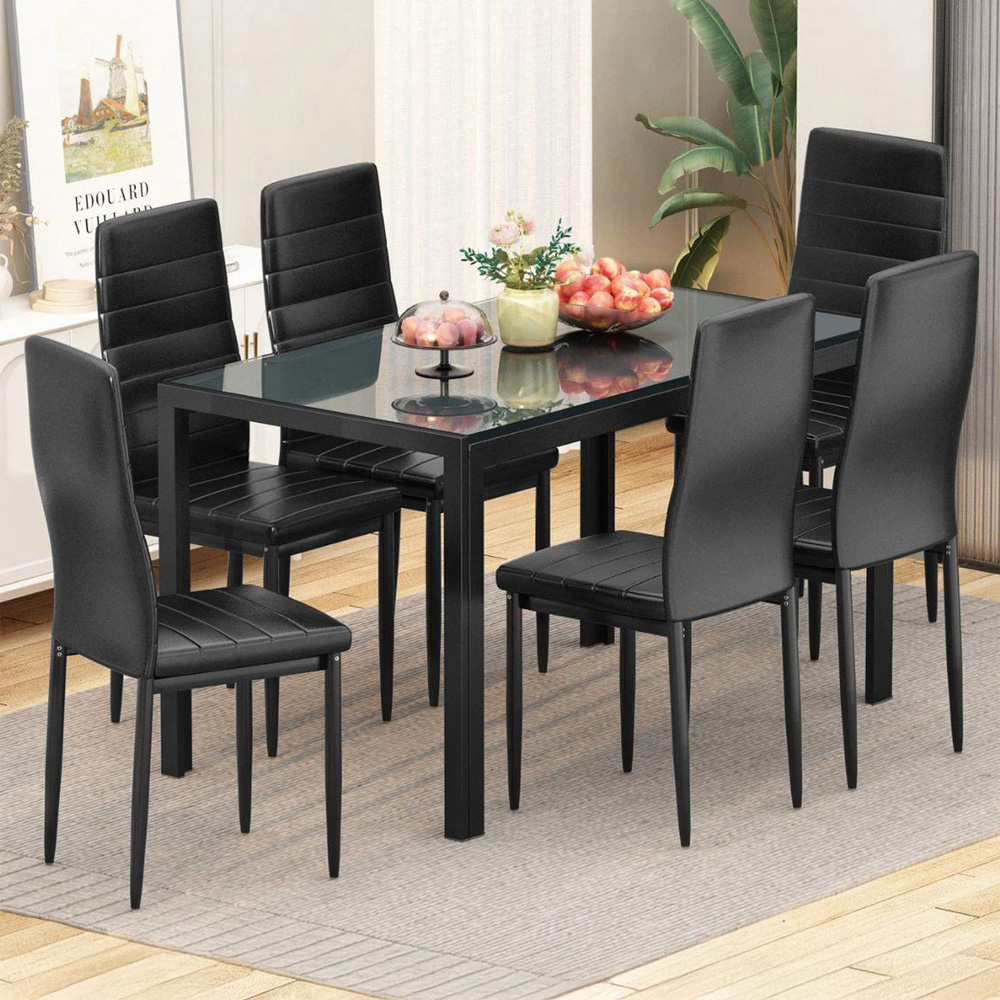 Kosy Koala 6 Seater Faux Leather Glass Dining Set Black