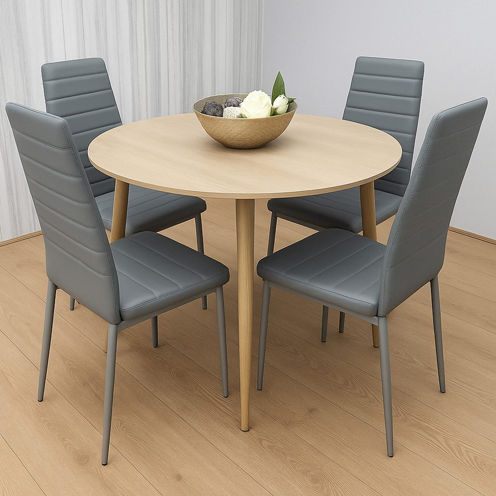 Kosy Koala 4 Seater Round Faux Leather Wooden Dining Set Grey